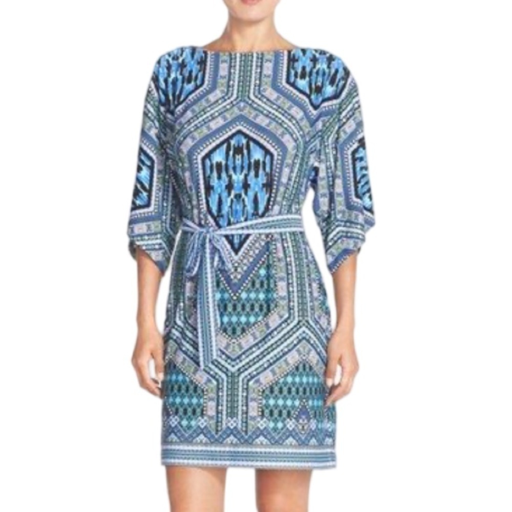 Beige by eci Blue Green Multicolor Geometric Print Bell Sleeve Dress NWT Size XL